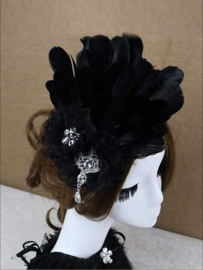 Girls Feather and Flower Rhinestone Applique Swan Headpiece - Black - Hair Accessories