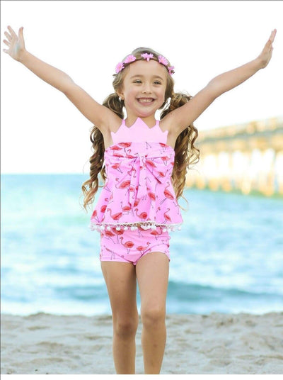 Kids Swimsuits | Girls Flamingo Print Crown Tankini & Shorts Swimsuit