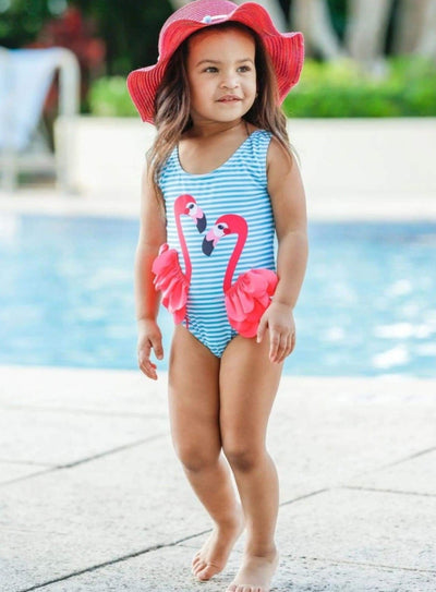 Girls Flamingo Ruffled Wings Striped One Piece Swimsuit - Girls One Piece Swimsuit