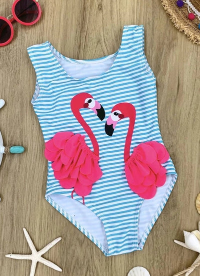 Girls Flamingo Ruffled Wings Striped One Piece Swimsuit - Blue / 2T - Girls One Piece Swimsuit