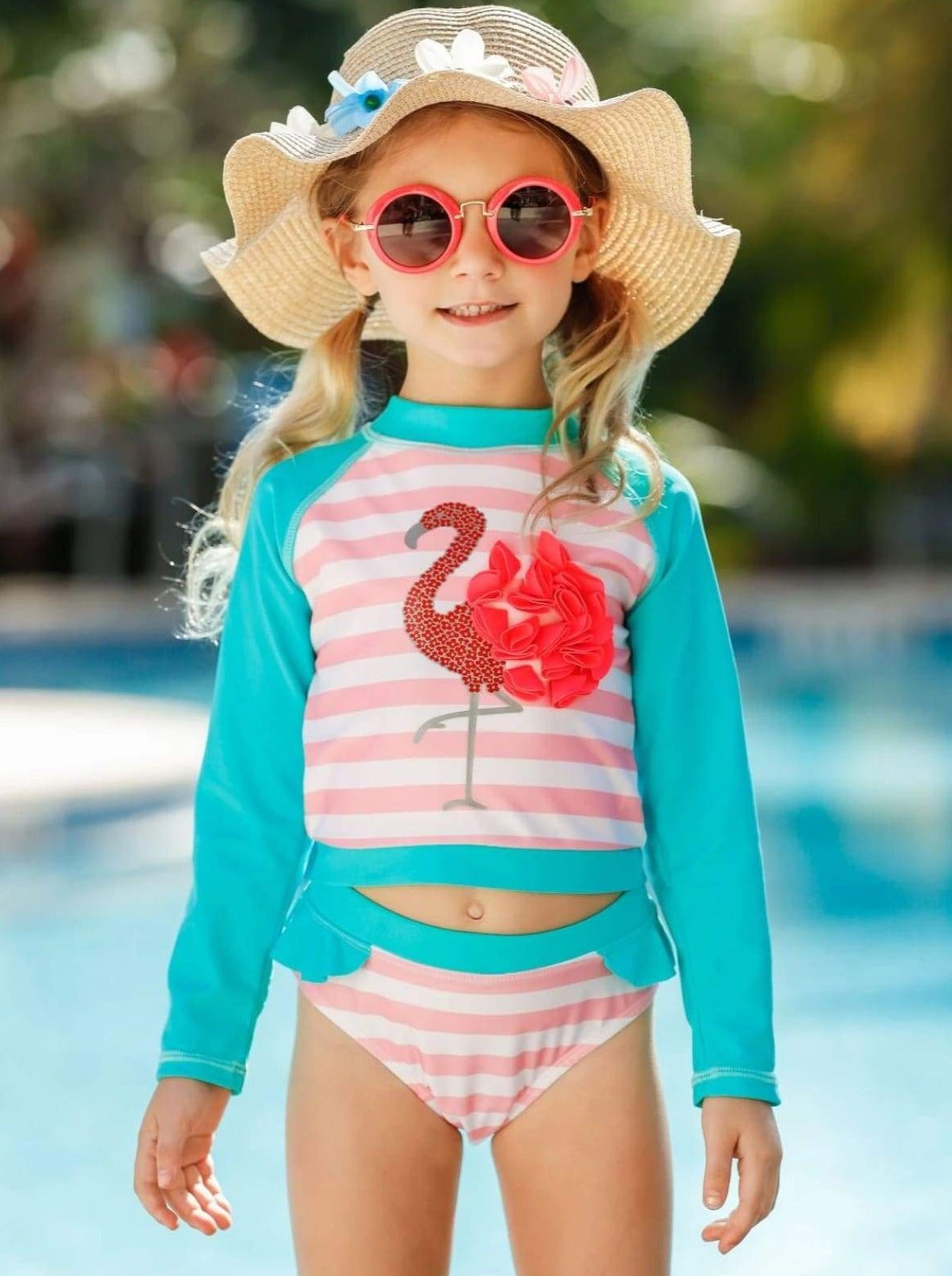 Girls Flamingo Striped Rash Guard Two Piece Swimsuit - Girls Two Piece Swimsuit