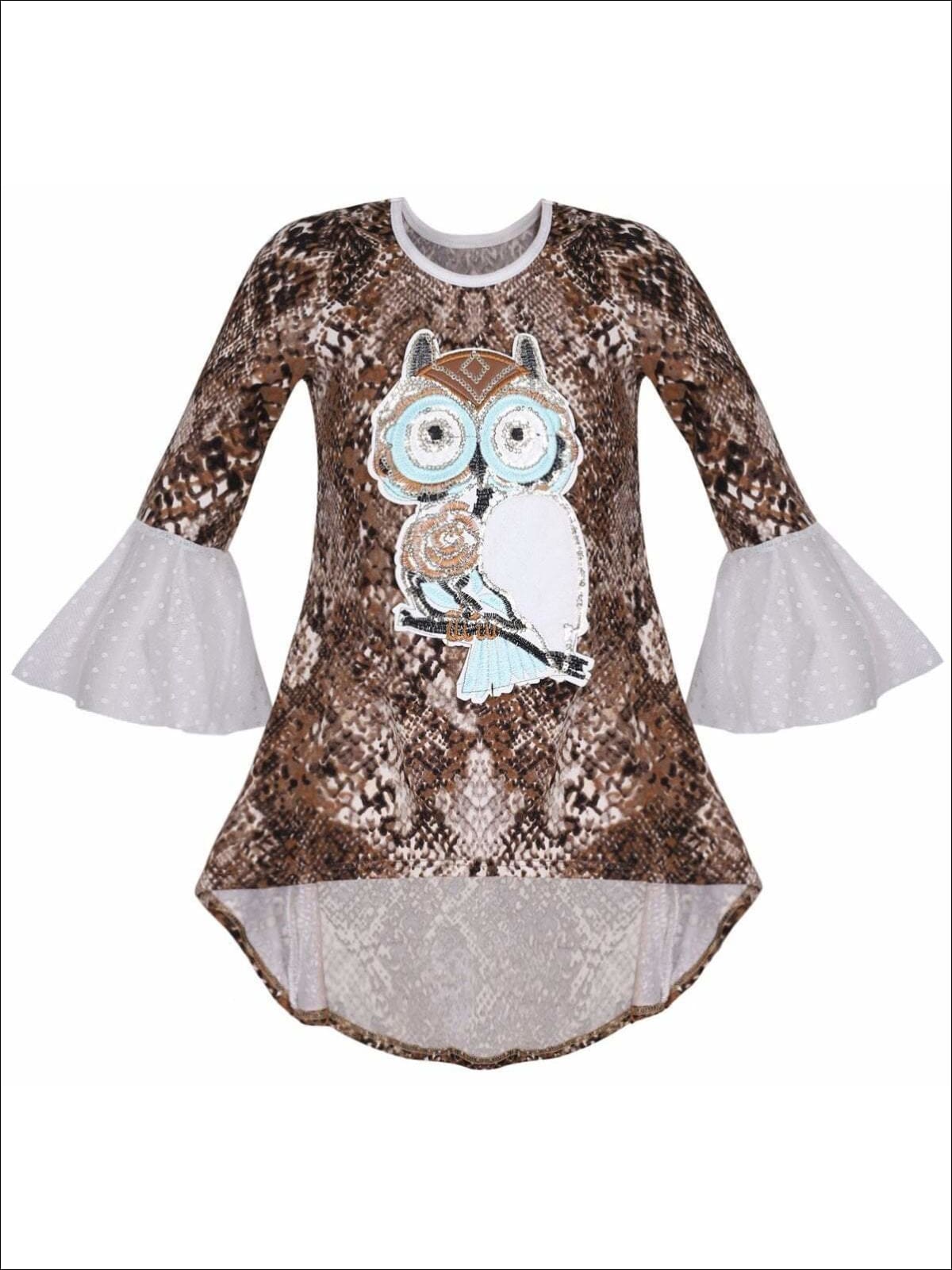 Girls Flared Long Sleeve Hi-Lo Sequin Appliqued Tunic - Brown / 2T/3T - Girls Spring Top