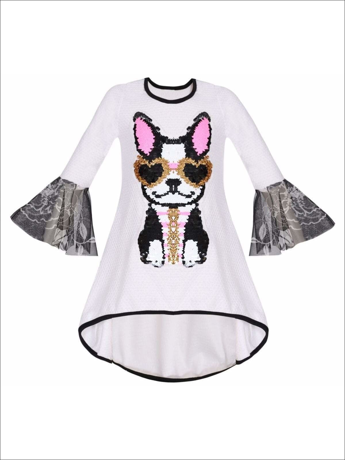 Girls Flared Long Sleeve Hi-Lo Sequin Appliqued Tunic - White / 2T/3T - Girls Spring Top