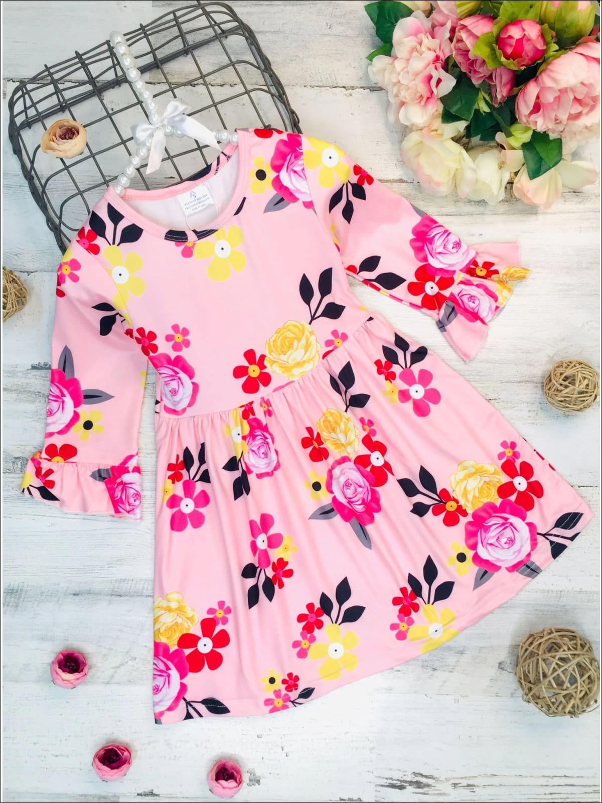 Girls Floral A-Line Long Flared Sleeve Dress - Pink / S-3T - Girls Fall Casual Dress