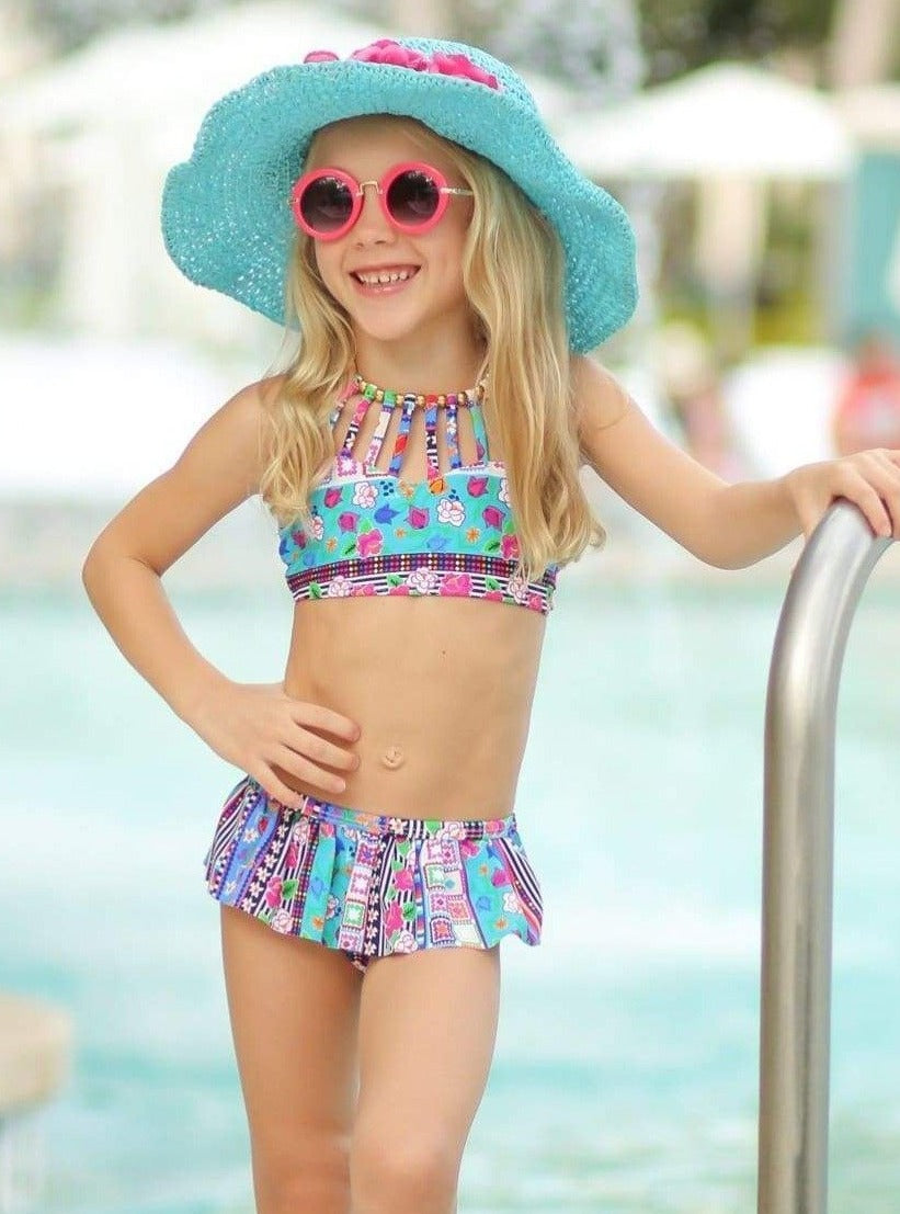 Girls Floral Beaded Haltered Bandeau Skirted Two Piece Swimsuit - Girls Two Piece Swimsuit