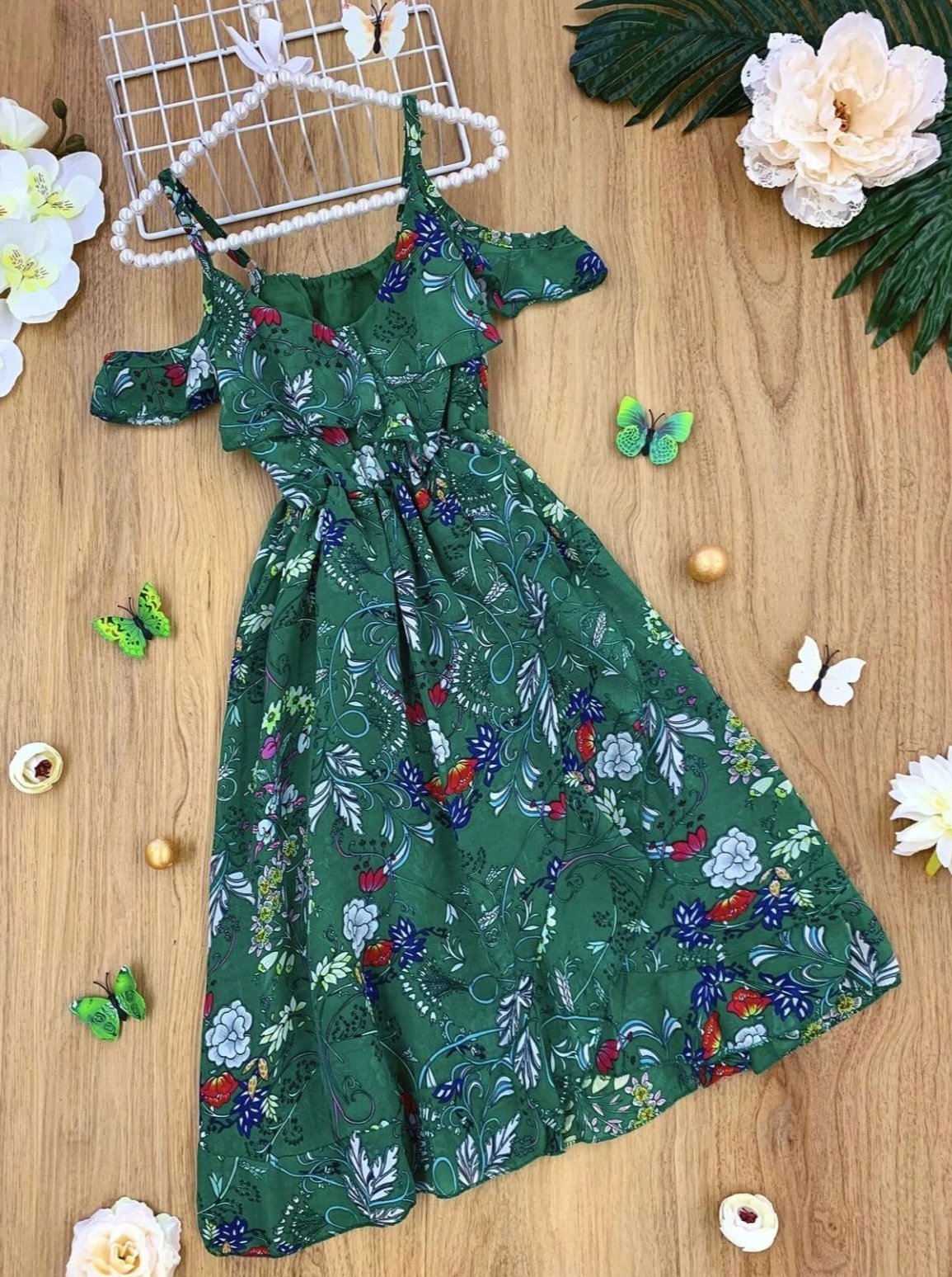 Girls Floral Boho Styles Ruffled Dress - Green / 4Y/5Y - Girls Spring Casual Dress