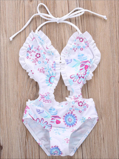 Toddlers Swimsuits | Floral Cutout Ruffle Trim One Piece Swimsuit