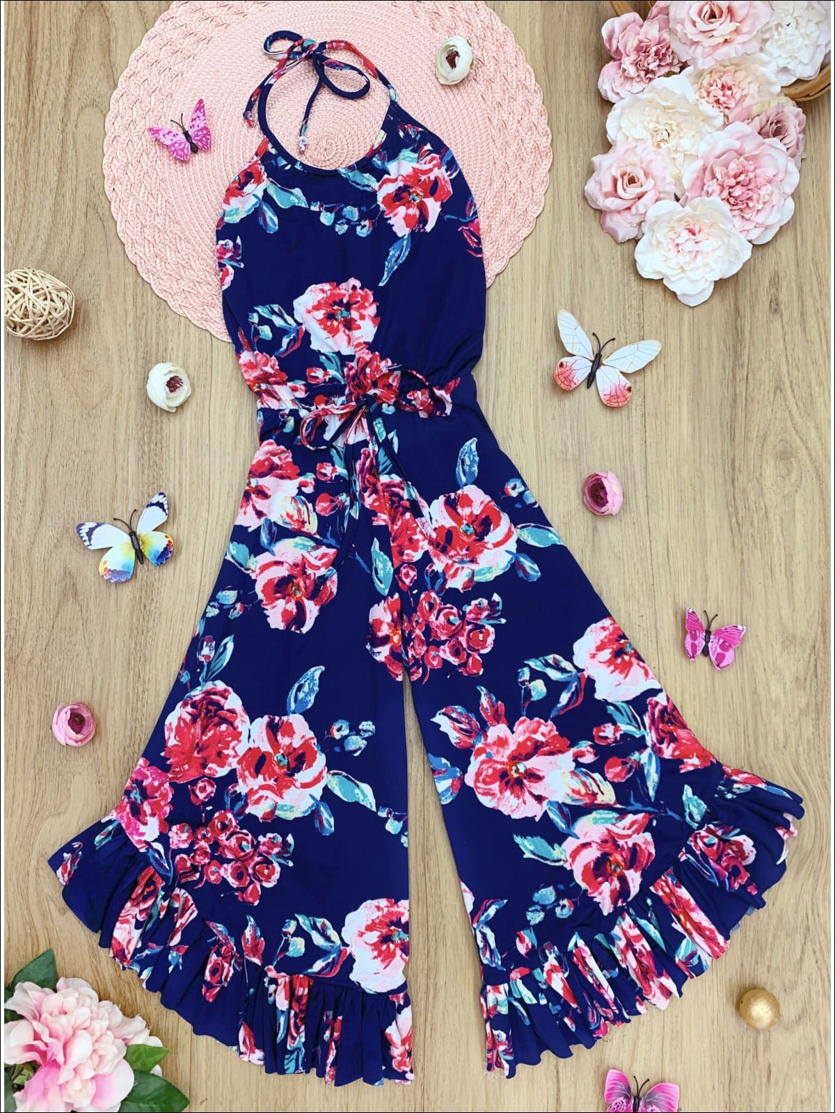 Girls Floral Drawstring Ruffled Palazzo Jumpsuit - Navy / 2T/3T - Girls Jumpsuit