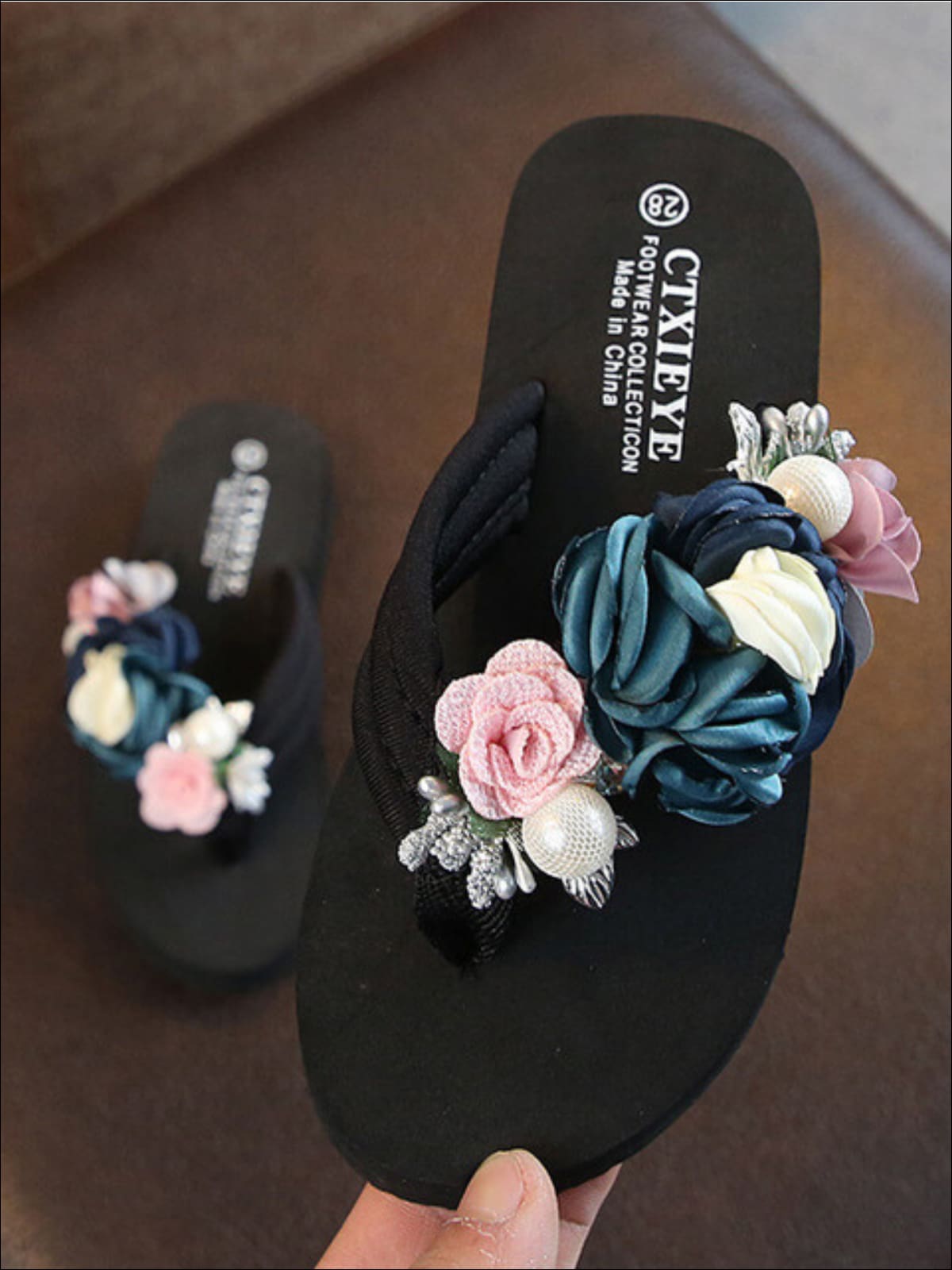 Girls Floral Embellished Flip Flops - Blue / 1 - Girls Slides