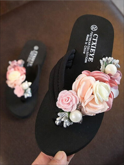Girls Floral Embellished Flip Flops - Pink / 1 - Girls Slides