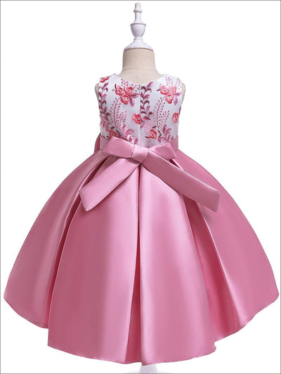 Girls Formal Easter Dresses | Beaded Neckline Satin Pleated Bow Dress