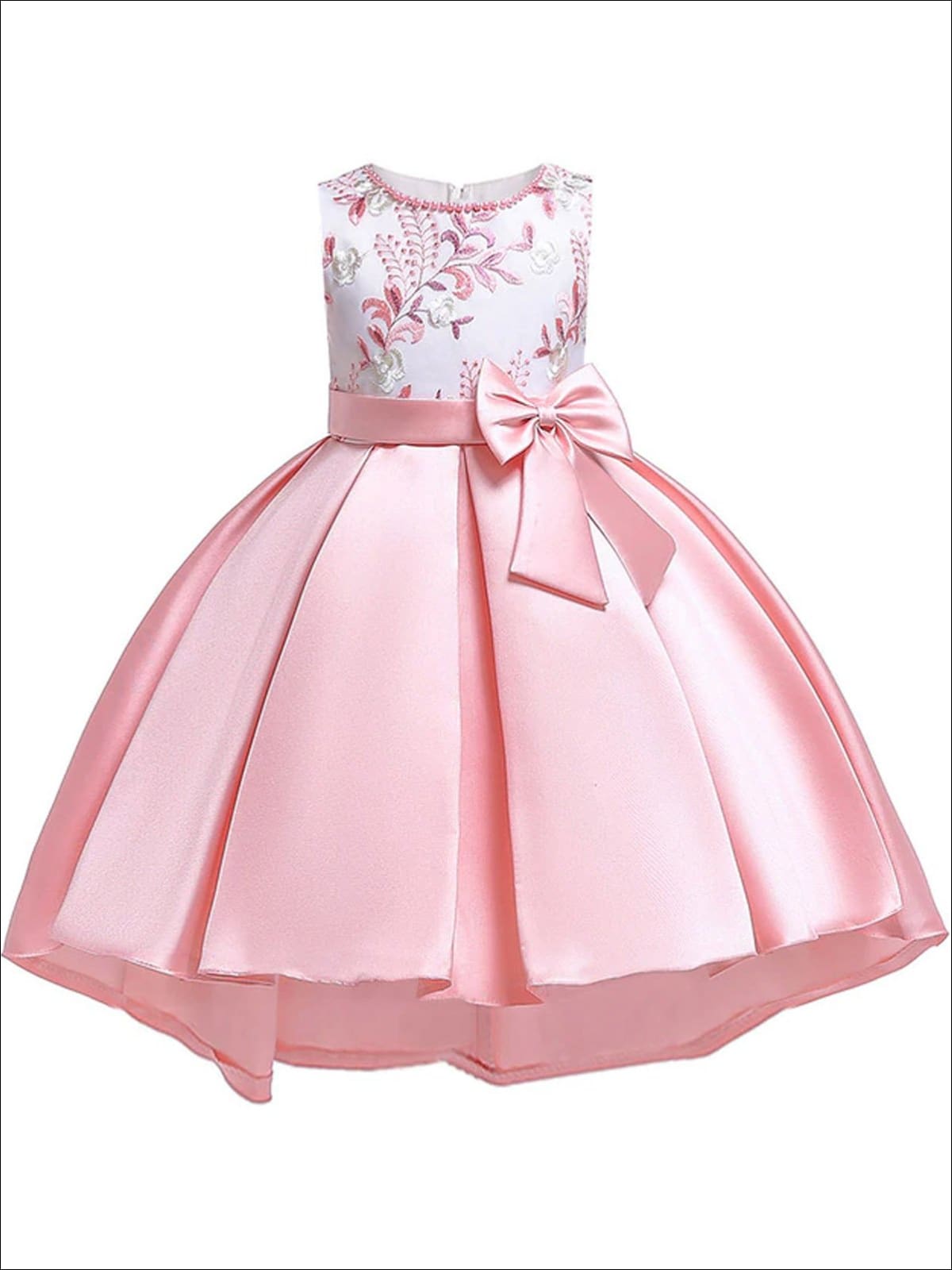 Girls Floral Embroidered Beaded Neckline Satin Pleated Bow Special Occasion & Flower Girl Dress - Light Pink / 3T - Girls Spring Dressy