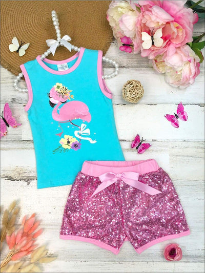 Girls Floral Flamingo Tank and Sequin Bow Shorts Set - Turquoise / 2T - Girls Spring Casual Set