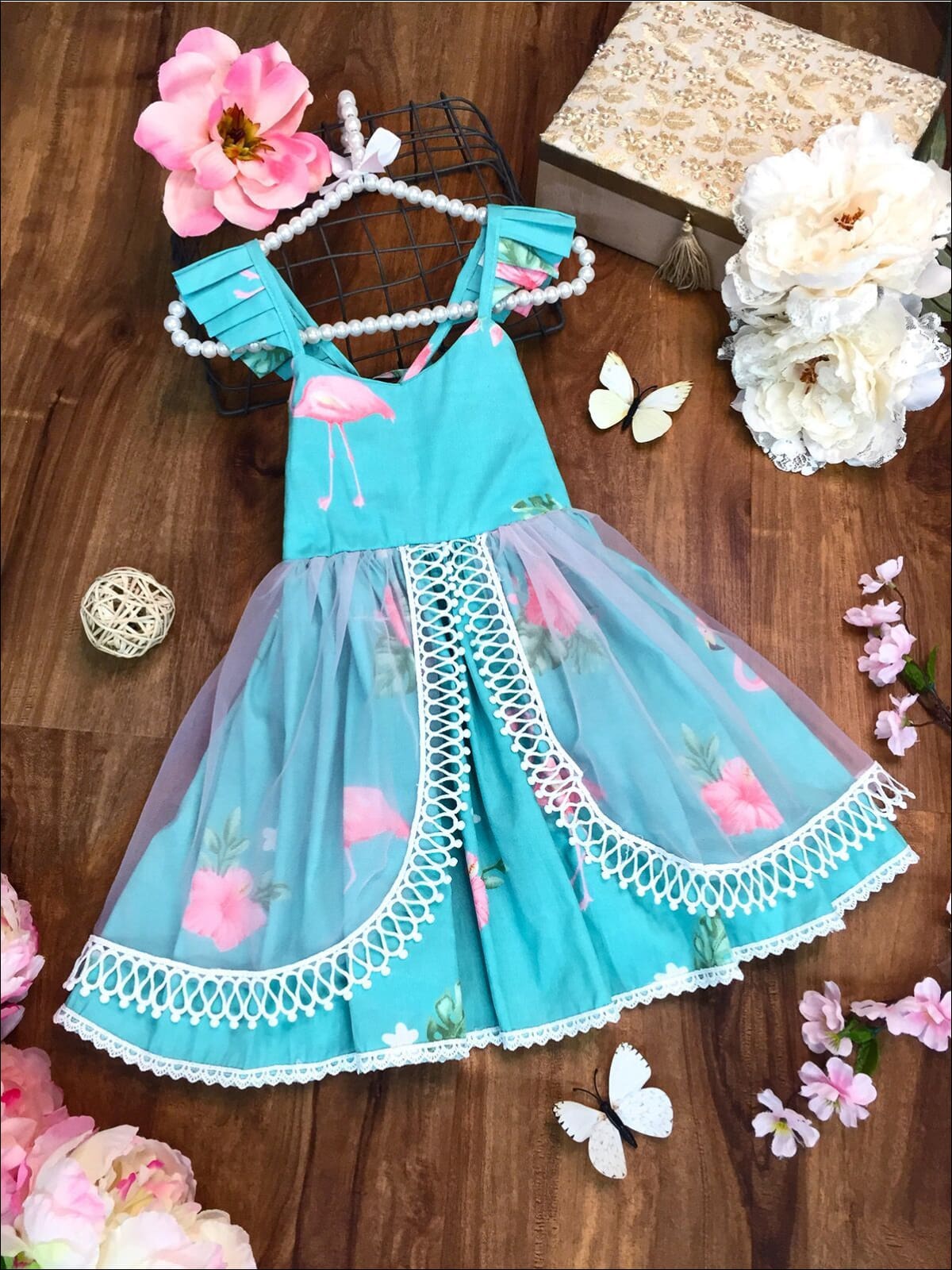 Girls Floral Flutter Sleeve Lace Trimmed Overlay Skirt Dress - Girls Spring Dressy Dress
