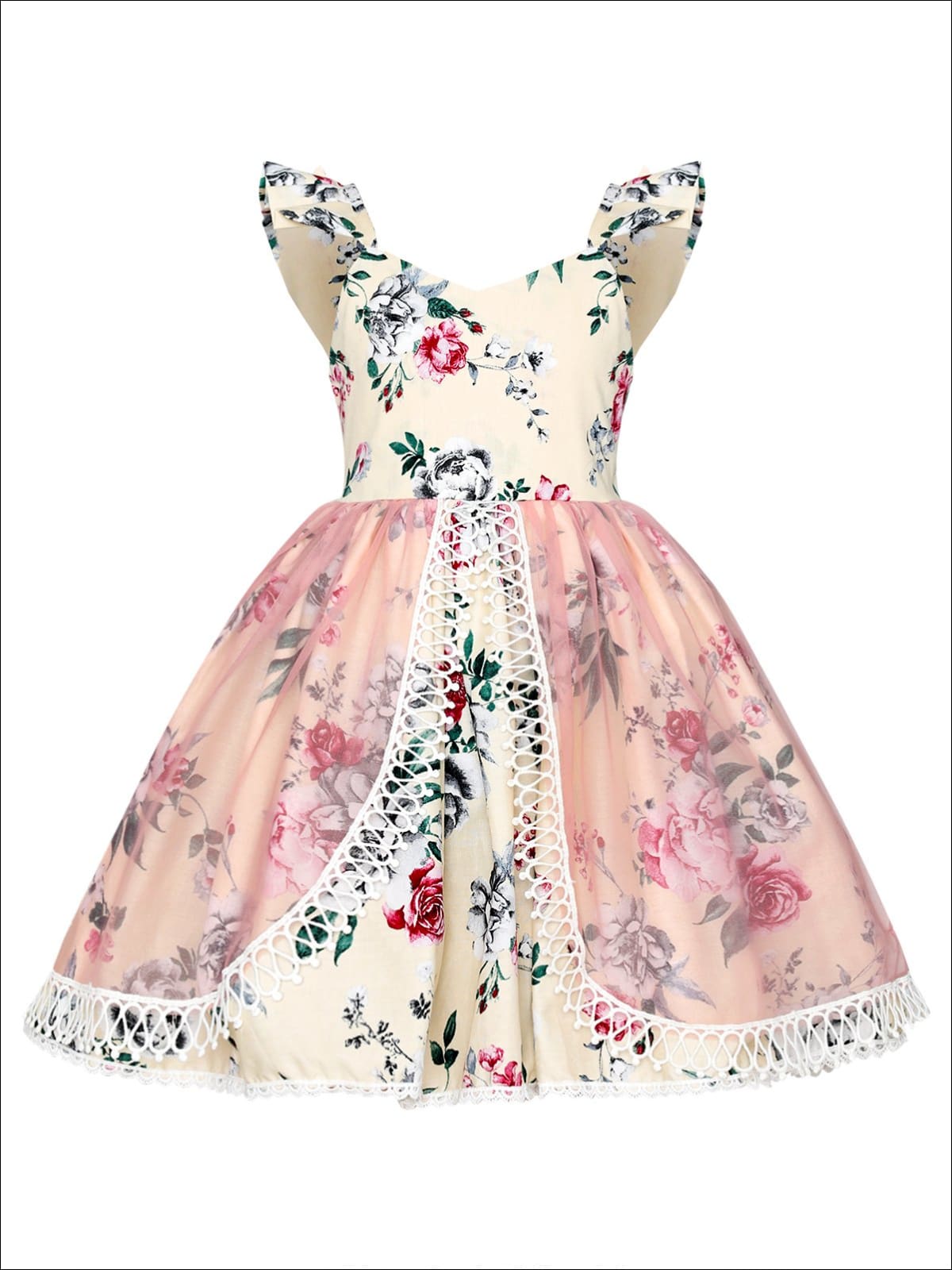 Girls Floral Flutter Sleeve Lace Trimmed Overlay Skirt Dress - Girls Spring Dressy Dress