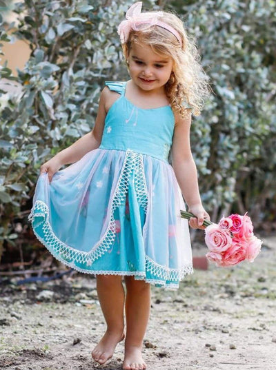 Girls Floral Flutter Sleeve Lace Trimmed Overlay Skirt Dress - Blue / 2T/3T - Girls Spring Dressy Dress