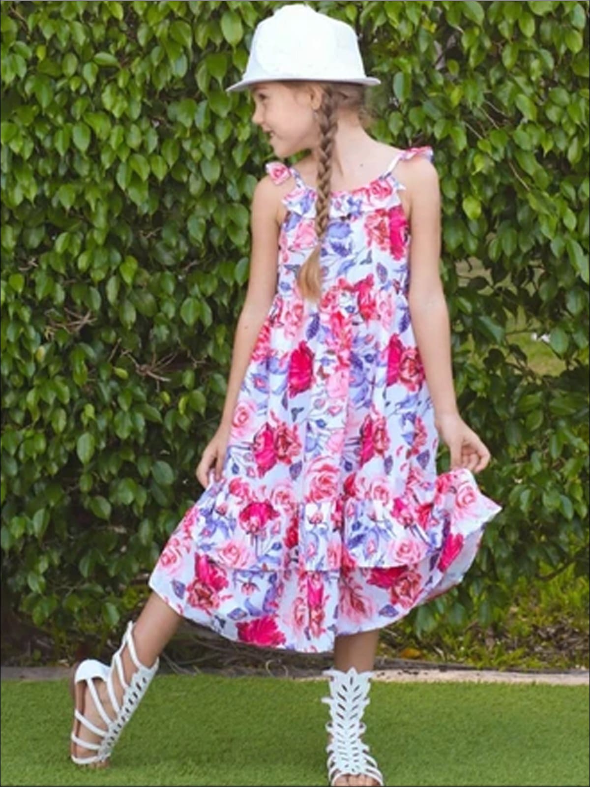 Girls Floral Flutter Sleeve Strappy Back Boho Maxi Special Occasion Party Dress - Girls Spring Casual Dress