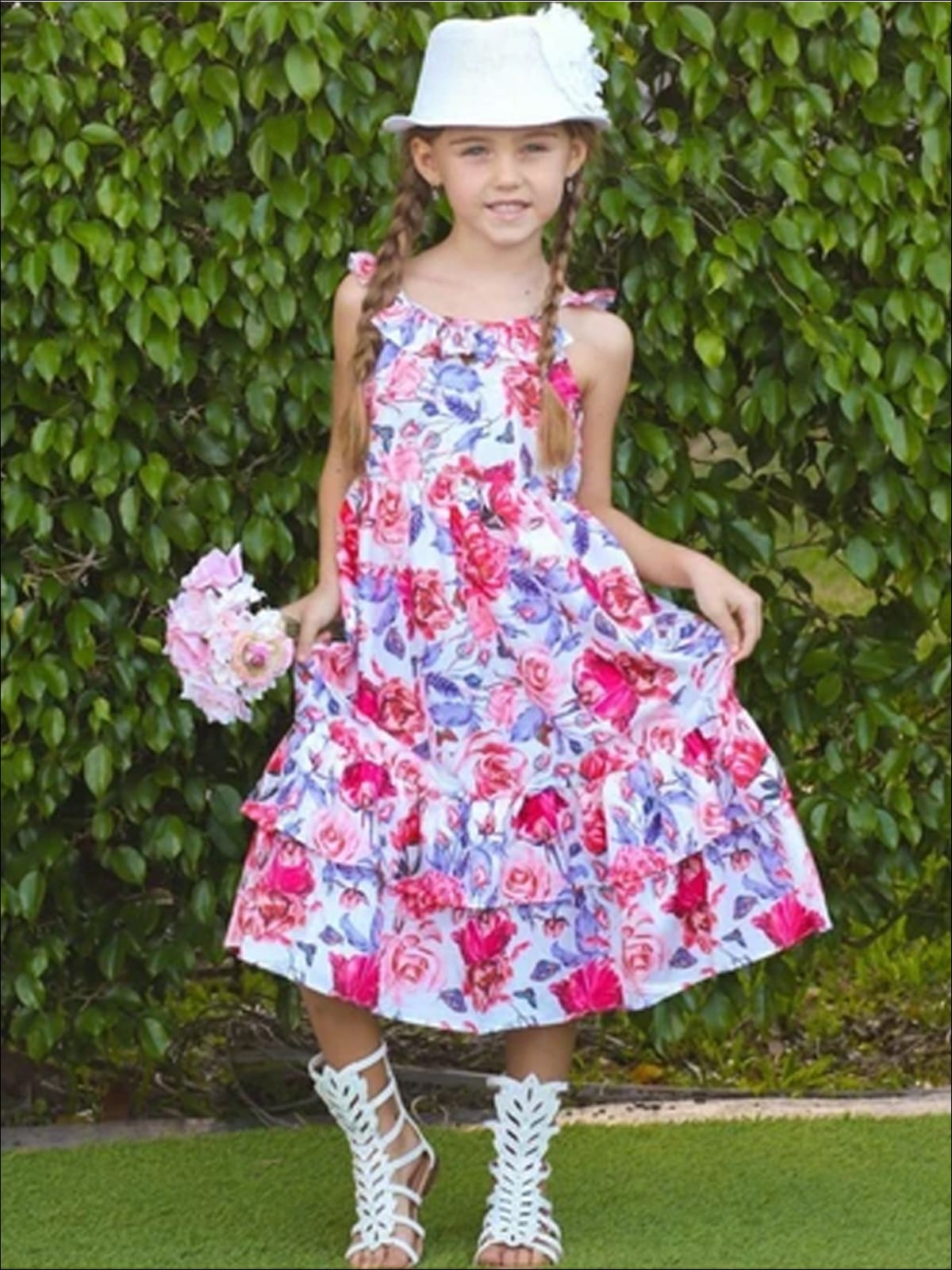 Girls Floral Flutter Sleeve Strappy Back Boho Maxi Special Occasion Party Dress - Girls Spring Casual Dress