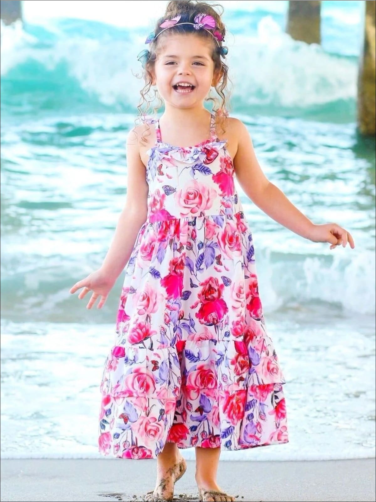 Girls Floral Flutter Sleeve Strappy Back Boho Maxi Special Occasion Party Dress - Similar To Image / 4T - Girls Spring Casual Dress