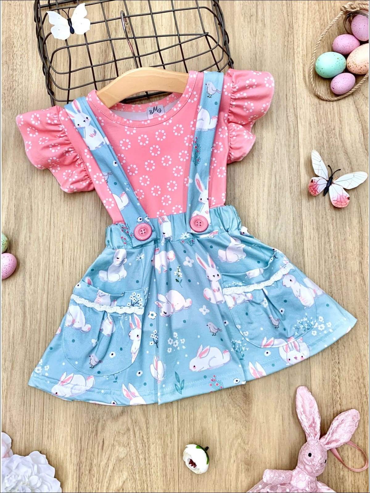 Causal Easter Outfits | Girls Ruffle Top & Bunny Pocket Overall Skirt