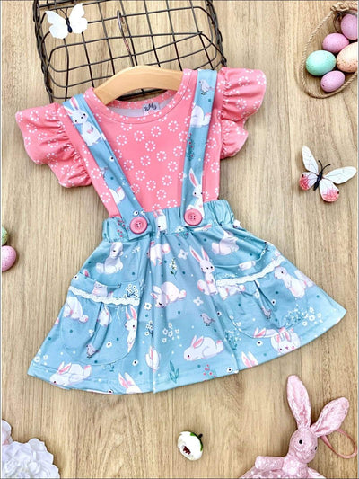 Causal Easter Outfits | Girls Ruffle Top & Bunny Pocket Overall Skirt