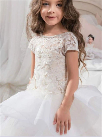 Girls Floral Lace Ruffled Tiered Communion Flower Girl & Pageant Gown - Girls Gowns