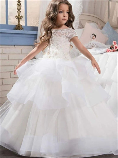 Girls Floral Lace Ruffled Tiered Communion Flower Girl & Pageant Gown - white / 2T - Girls Gowns