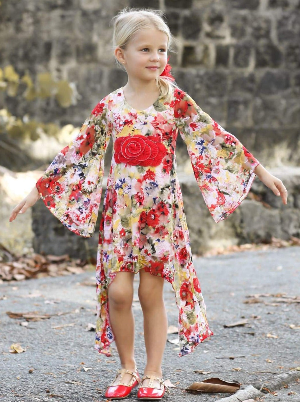 Girls Floral Lace Sidetail Boho Sleeve Dress - Girls fall Dressy Dress