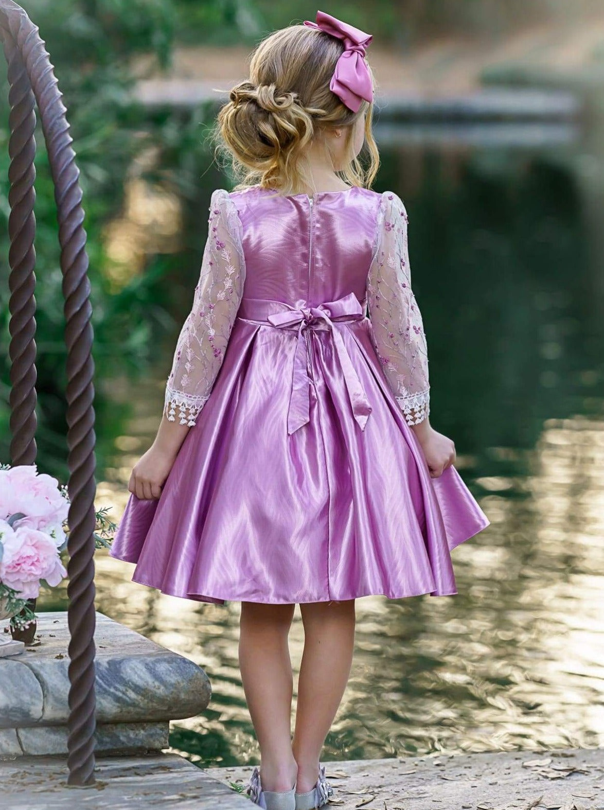 Girls Floral Lace Sleeve Jacquard Dress - Girls Spring Dressy Dress