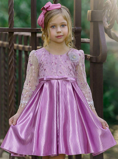 Girls Spring Floral Lace Sleeve Jacquard Dress - Mia Belle Girls