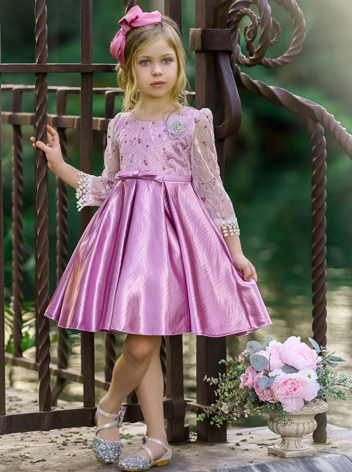 Girls Floral Lace Sleeve Jacquard Dress - Girls Spring Dressy Dress