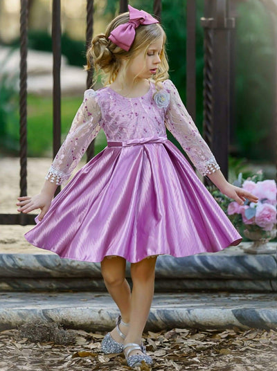 Girls Floral Lace Sleeve Jacquard Dress - Dusty Pink / 3T/4T - Girls Spring Dressy Dress