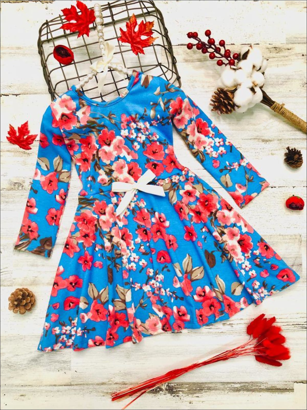 Girls Floral Long Sleeve Scoop Back Dress with Bow - Blue / 2T/3T - Girls Fall Casual Dress