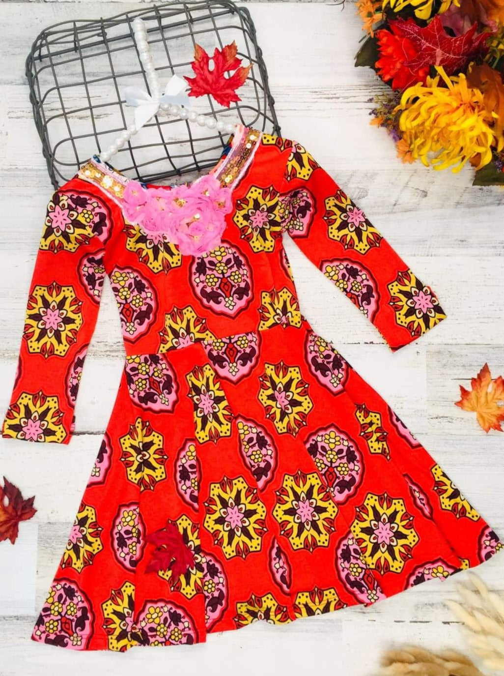 Girls Floral Long Sleeve Scoop Back Dress with Bow - Red / 2T/3T - Girls Fall Casual Dress