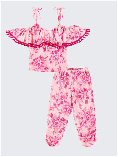 Girls Floral Off The Shoulder Ruffled Top with Pom Pom Trim & Side Ruched Capri Pant Set - Girls Spring Casual Set