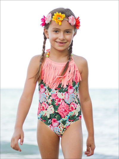 Girls Floral One Piece Swimsuit With Bead Accents & Fringe Bib - Girls One Piece Swimsuit