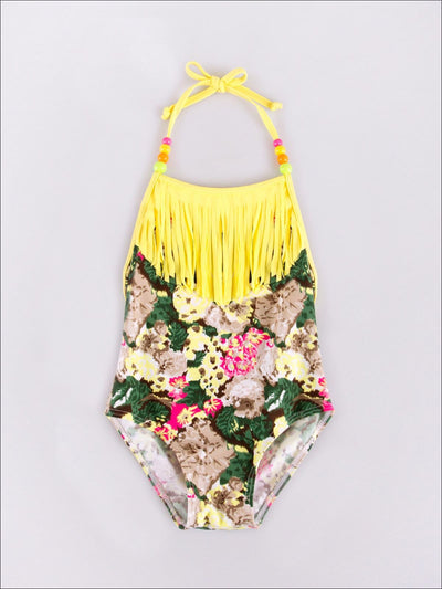Girls Floral One Piece Swimsuit With Bead Accents & Fringe Bib - Yellow / 2T - Girls One Piece Swimsuit