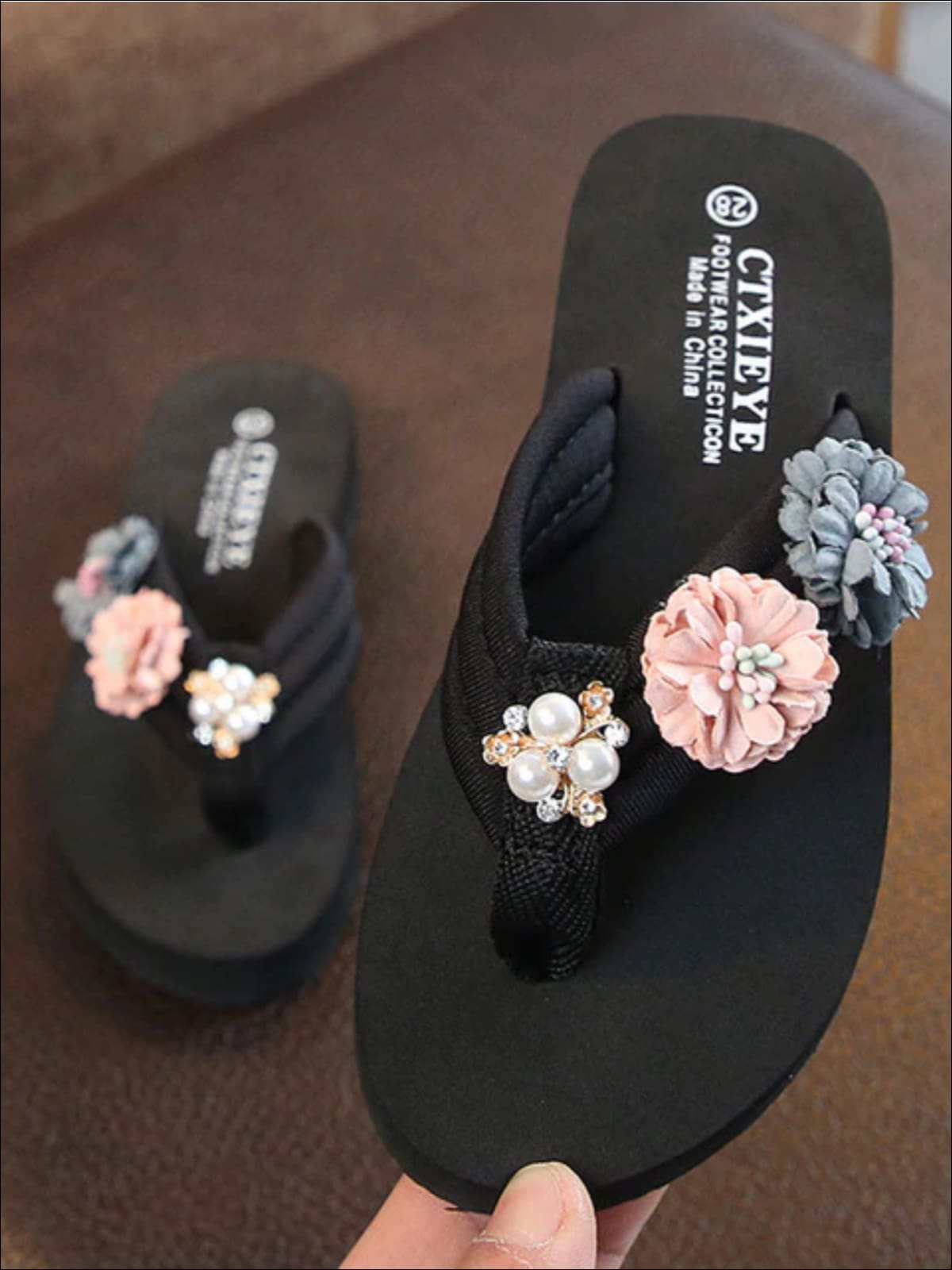 Girls Floral & Pearl Embellished Flip Flops - Girls Slides