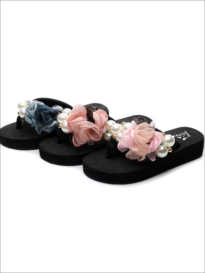 Girls Floral Pearl Embellished Flip Flops - Girls Slides