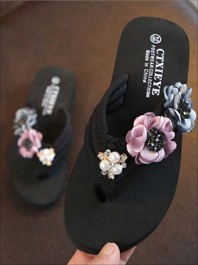 Girls Floral & Pearl Embellished Flip Flops - Lilac / 1 - Girls Slides