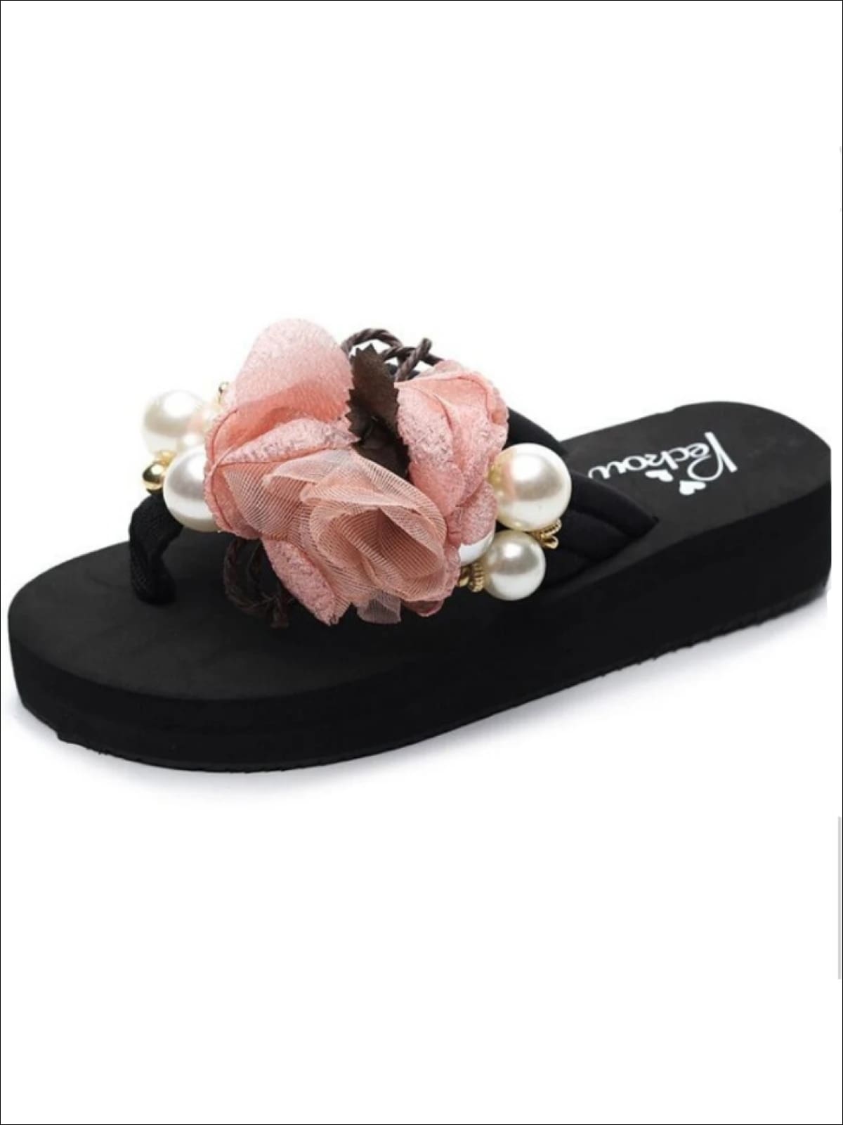 Girls Floral Pearl Embellished Flip Flops - Peach / 1 - Girls Slides