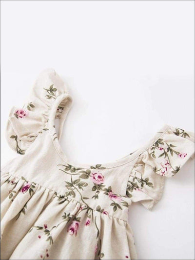 Girls Floral Print Flutter Sleeve Summer Dress with Matching Headband - Girls Spring Casual Dress