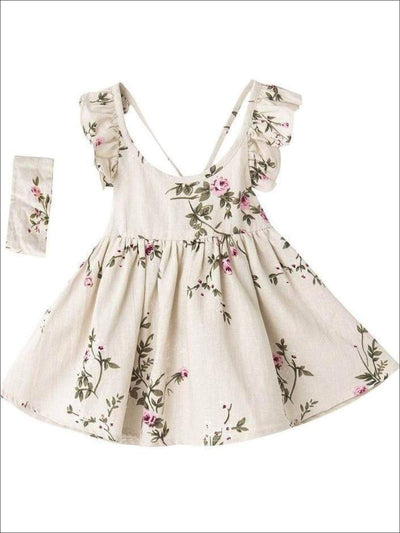 Girls Floral Print Flutter Sleeve Summer Dress with Matching Headband - 24M - Girls Spring Casual Dress