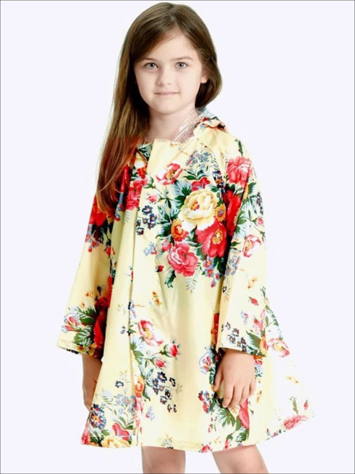 Girls Floral Print Hooded Transparent Raincoat - Girls Jacket