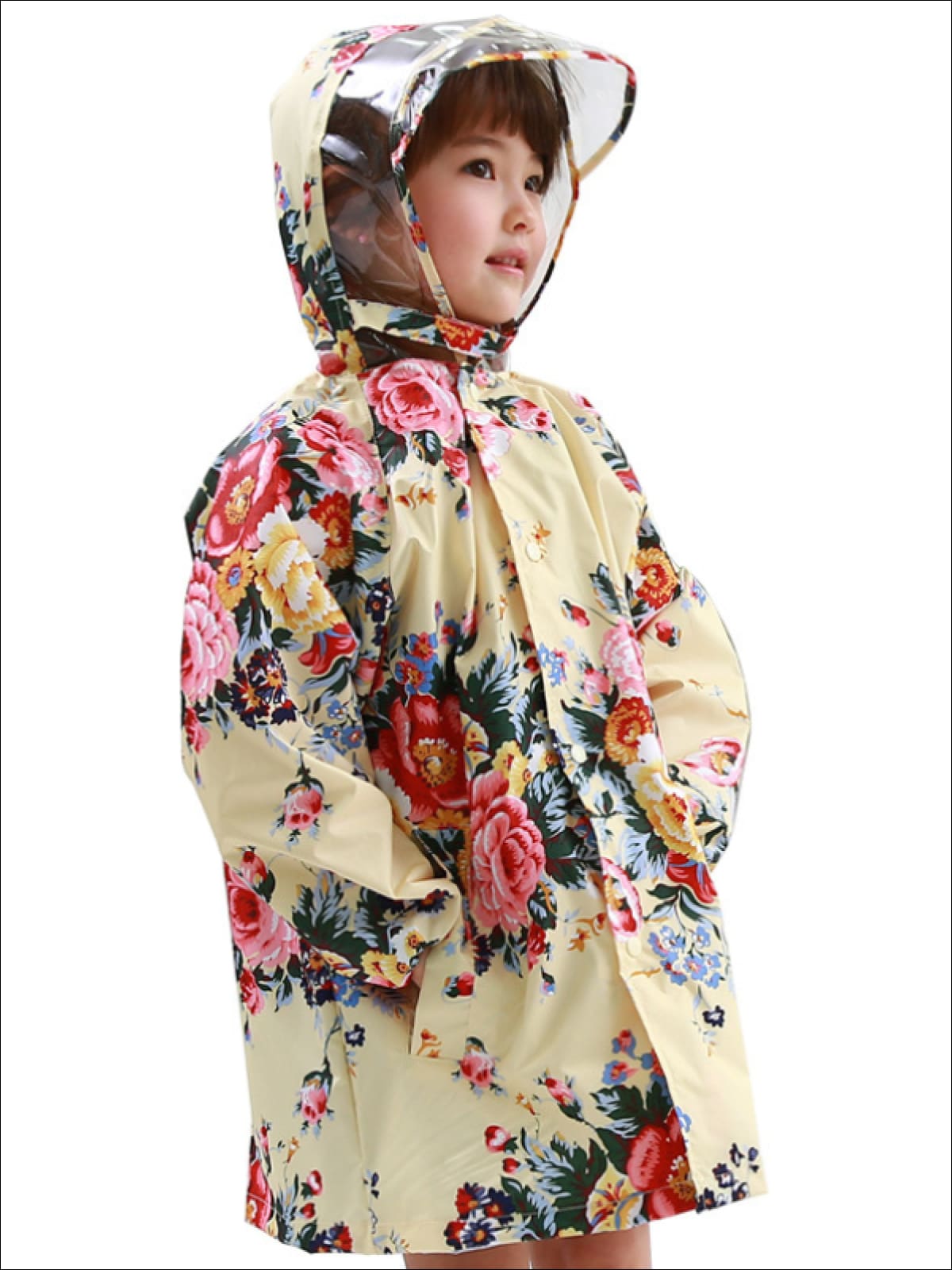 Girls Floral Print Hooded Transparent Raincoat - Girls Raincoat
