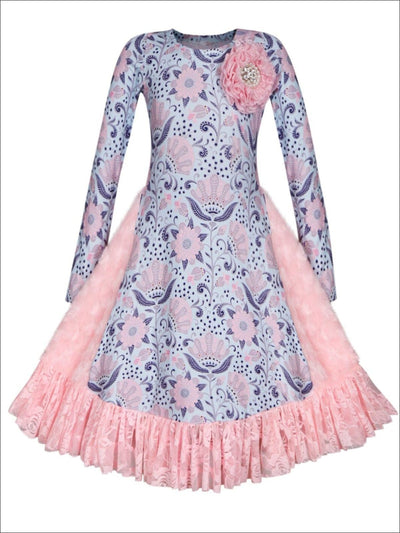 Winter Dressy Dresses | Girls Floral Lace Side Inserts Ruffle Dress