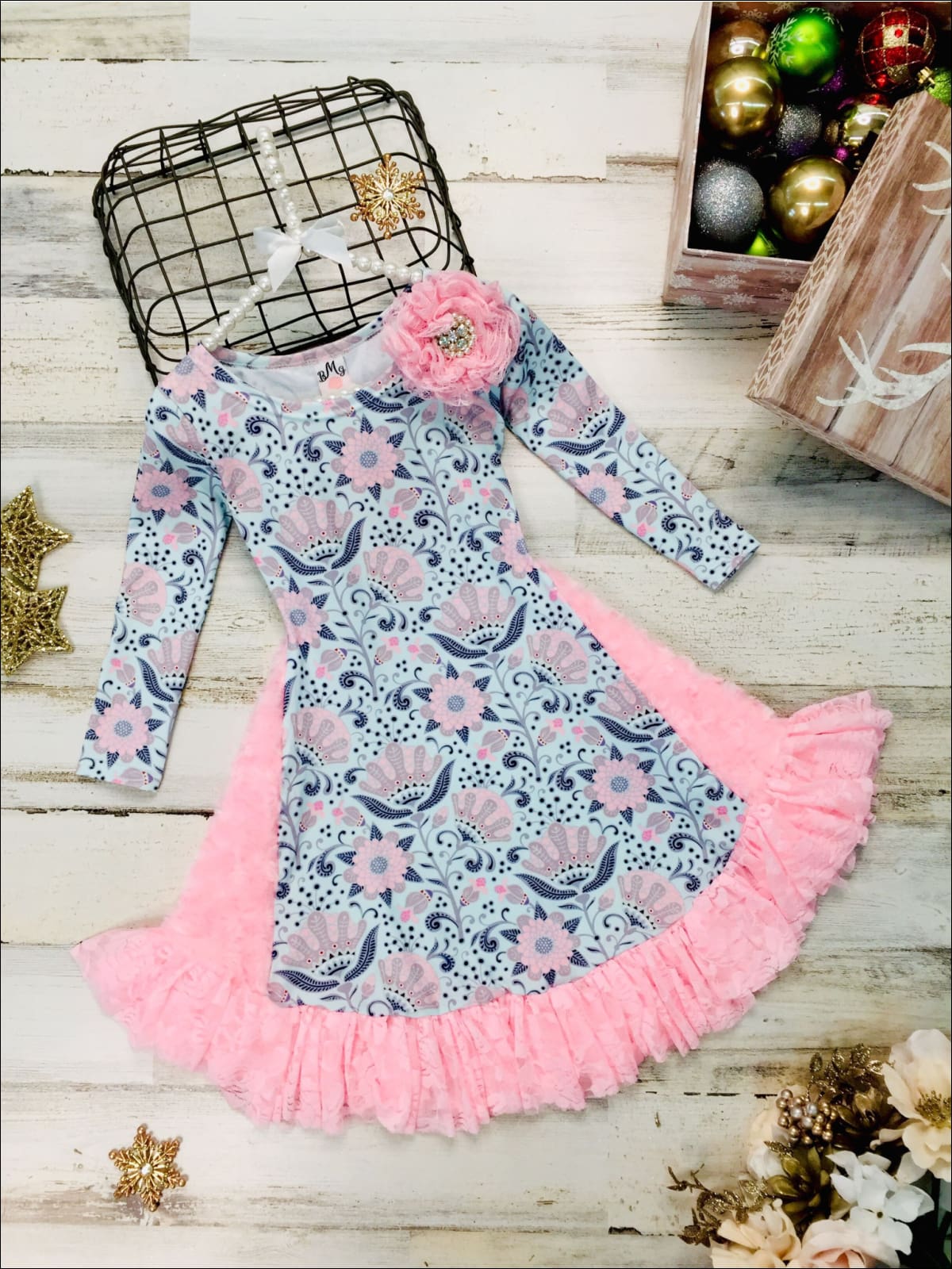 Winter Dressy Dresses | Girls Floral Lace Side Inserts Ruffle 