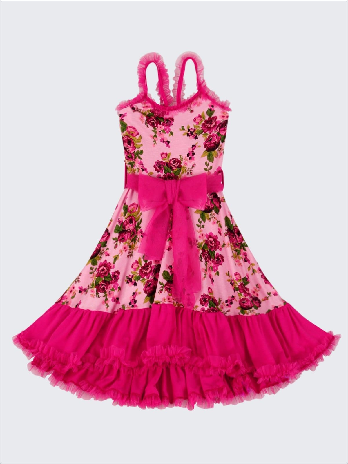 Girls Floral Print Ruffled Ruffled Strap & Hem Dress with Sash - Fuchsia / 2T/3T - Girls Spring Dressy Dress