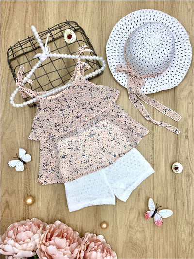 Girls Floral Print Ruffled Tunic with White Shorts & Matching Sun Hat - Pink / 3T - Girls Spring Casual Set