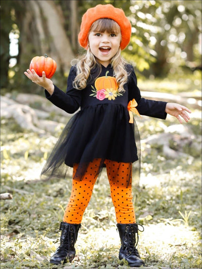 Girls Floral Pumpkin Peplum Tutu Hoodie with Bow & Polka Dot Leggings Set - Girls Fall Casual Set